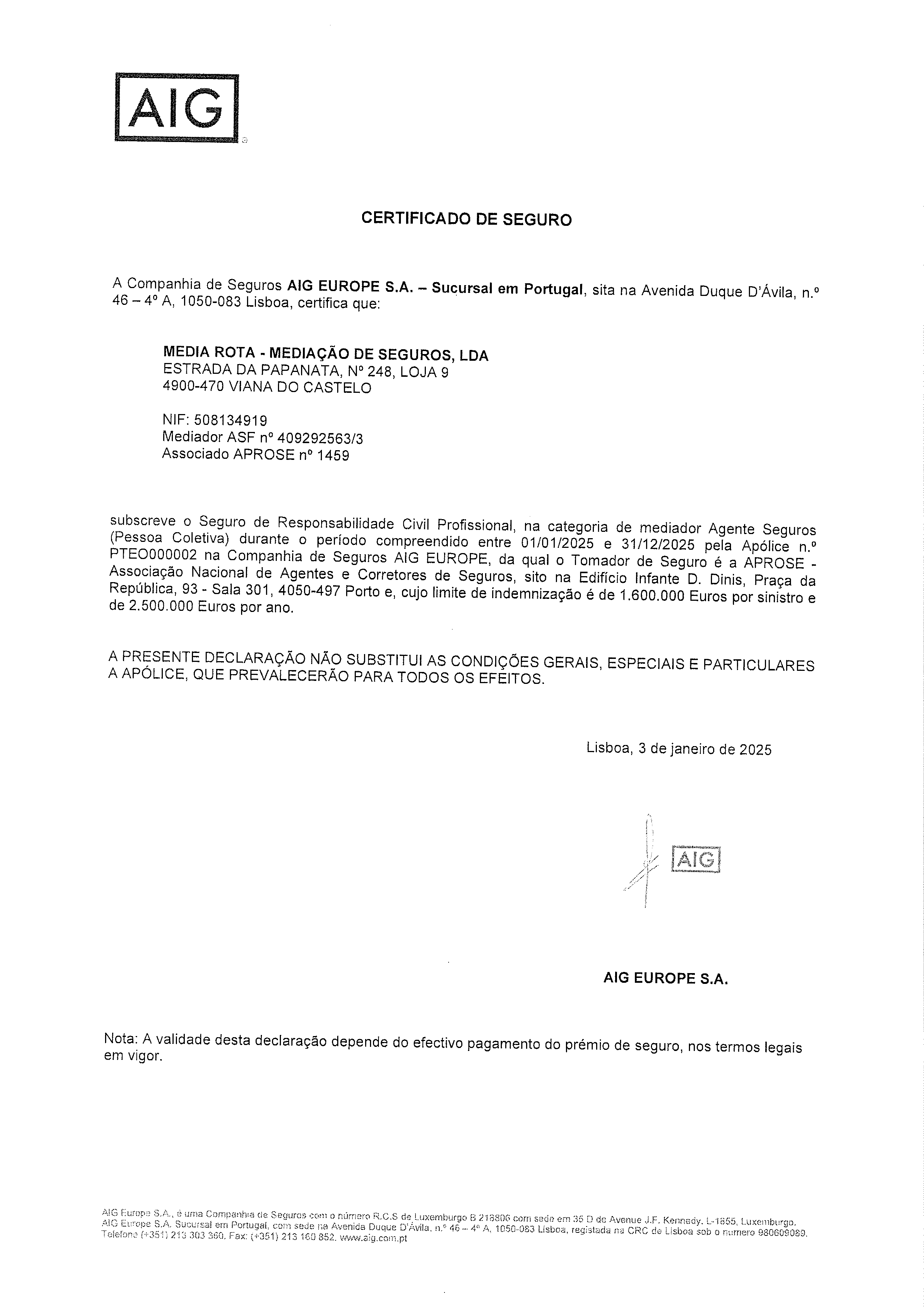Certificado de Seguro